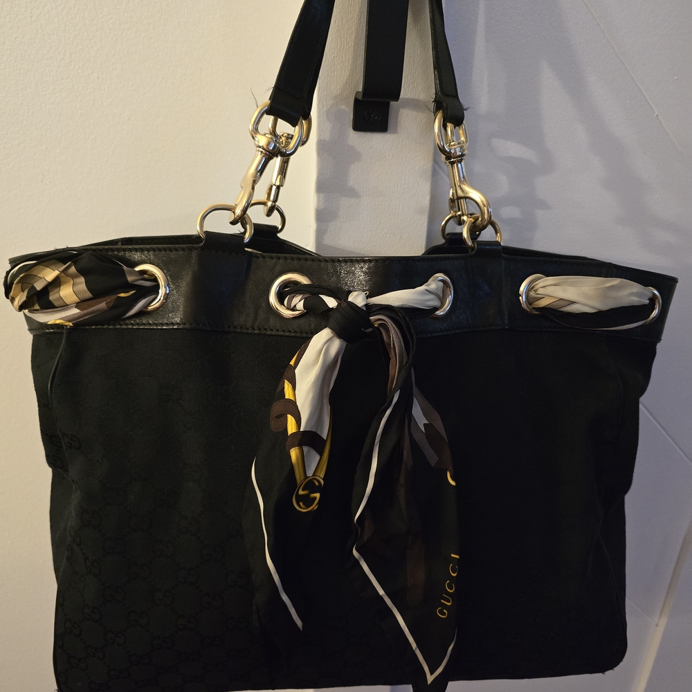 Gucci Black Tote with Gold Hardware and Scarf Detail
